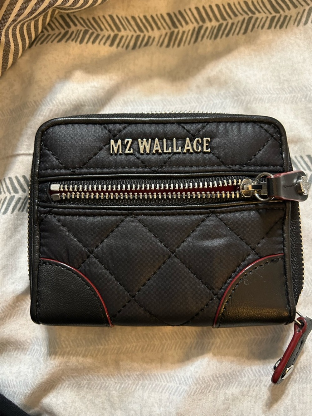 MZ WALLACE Black Quilted Leather Compact Zip Wallet with Red Trim